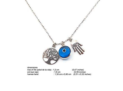 MYSTIC JEWELS - 925 Sterling Silver Necklace - Three symbols, Hand of Fatima &amp; Tree of Life &amp; Eye of Good Luck