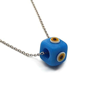 MYSTIC JEWELS by Dalia - Blue Crystal Cube Evil Eye Necklace for Good Luck - 925 Sterling Silver Chain (Turquoise)