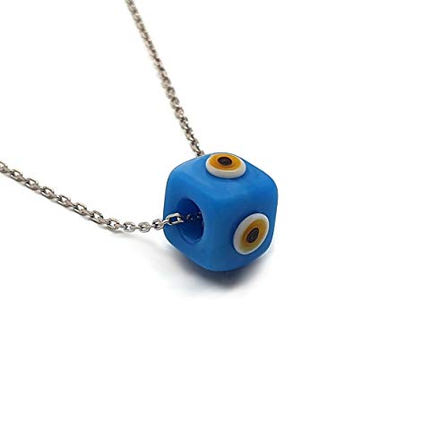 MYSTIC JEWELS by Dalia - Blue Crystal Cube Evil Eye Necklace for Good Luck - 925 Sterling Silver Chain (Turquoise)