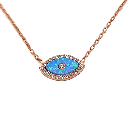 MYSTIC JEWELS by Dalia - Opal Necklace in the Shape of a Turkish Eye, 925 Sterling Silver with Cubic Zirconia (Pink)