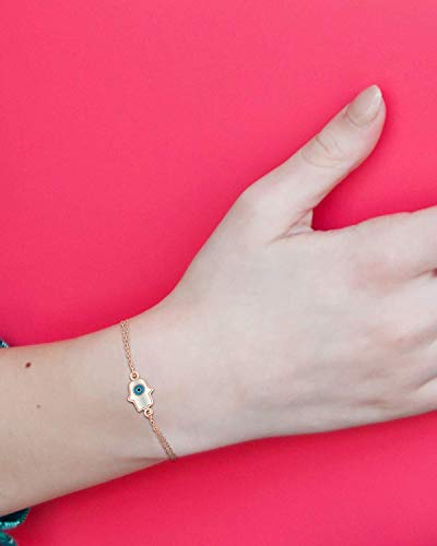 MYSTIC JEWELS by Dalia - Fatima Hand and Turkish Eye Enameled Bracelet - Double Chain - 925 Sterling Silver - Minimalist (Pink)