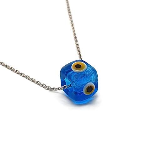 MYSTIC JEWELS by Dalia - Blue Crystal Cube Evil Eye Necklace for Good Luck - 925 Sterling Silver Chain (Light Blue)
