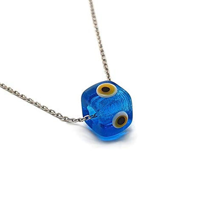 MYSTIC JEWELS by Dalia - Blue Crystal Cube Evil Eye Necklace for Good Luck - 925 Sterling Silver Chain (Light Blue)