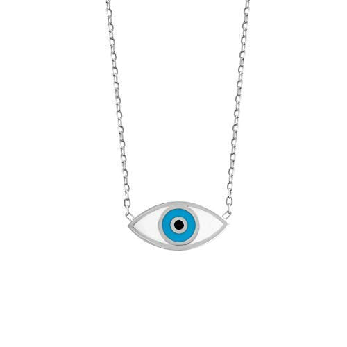 MYSTIC JEWELS by Dalia - Evil Eye Necklace - Rhodium - 925 Sterling Silver Enameled with White and Blue for Good Luck for Women and Girls (Silver)