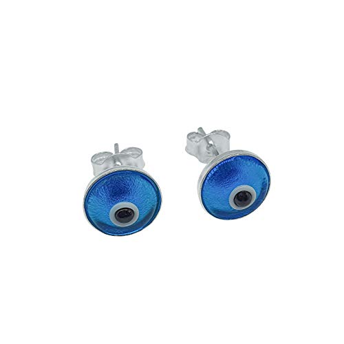 MYSTIC JEWELS By Dalia - Small Turkish Evil Eye Crystal Earrings - 925 Sterling Silver (Light Blue)