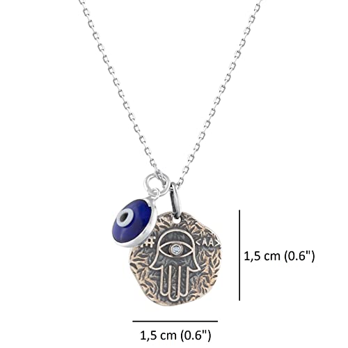 MYSTIC JEWELS By Dalia - 925 Sterling Silver Hamsa Necklace with a 7mm Evil Eye Charm Dangling (Round)