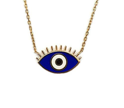 MYSTIC JEWELS by Dalia - Eye Necklace with Eyelashes - 925 Sterling Silver Enameled in Blue for Good Luck (Golden Silver)