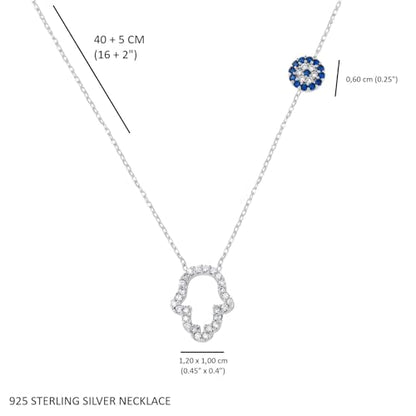 MYSTIC JEWELS - 925 sterling silver necklace, cubic zirconia Hamsa (Hand of Fatima) and Turkish Eye, Turkish evil eye, protection