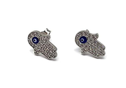 MYSTIC JEWELS By Dalia - Hand of Fatima Earrings with Enameled Turkish Eye Pendant 925 Sterling Silver to Protect You