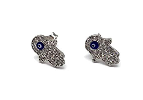 MYSTIC JEWELS By Dalia - Hand of Fatima Earrings with Enameled Turkish Eye Pendant 925 Sterling Silver to Protect You
