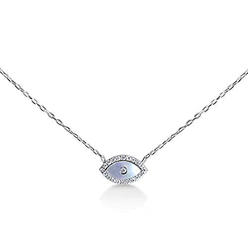 MYSTIC JEWELS by Dalia - Turkish Eye Pendant Necklace 925 Sterling Silver with Cubic Zirconia and Mother of Pearl (Silver)