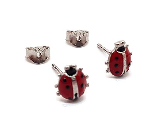 925 Sterling Silver Earrings, Enameled Ladybug 8.1 mm Pressure Closure Girl to Gift