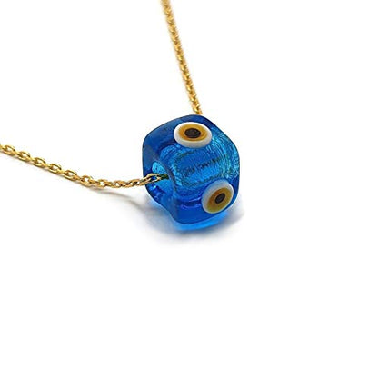 MYSTIC JEWELS by Dalia - Blue Crystal Cube Evil Eye Necklace for Good Luck - 925 Sterling Silver Chain with Gold Plated (Transparent Blue)