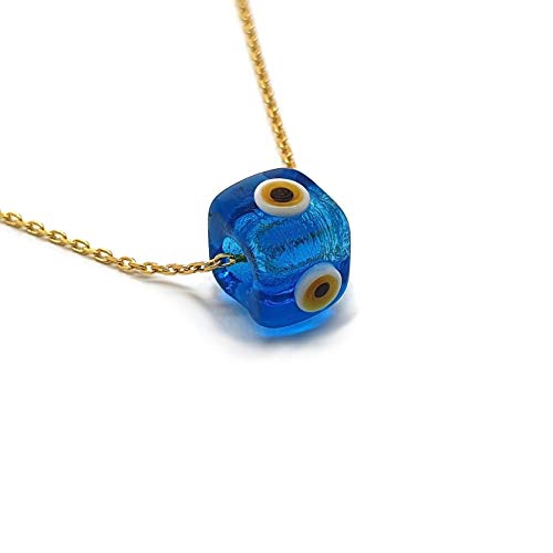 MYSTIC JEWELS by Dalia - Blue Crystal Cube Evil Eye Necklace for Good Luck - 925 Sterling Silver Chain with Gold Plated (Transparent Blue)