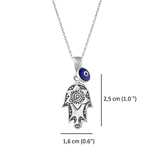 MYSTIC JEWELS By Dalia - 925 Sterling Silver Hamsa Necklace with a 7mm Evil Eye Charm Dangling (Sun)