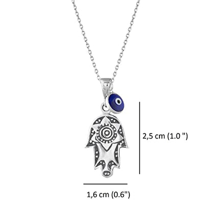 MYSTIC JEWELS By Dalia - 925 Sterling Silver Hamsa Necklace with a 7mm Evil Eye Charm Dangling (Sun)
