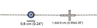 MYSTIC JEWELS By Dalia - 925 Sterling Silver Bracelet with Evil Eye and Zircon Cross for Gift, Birthday, New Year
