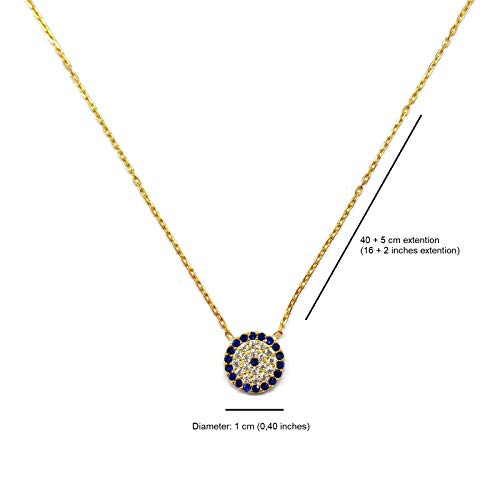 Mystic Jewels - 925 Sterling Silver Turkish Eye Pendant Necklace - Round with Cubic Zirconia - Gold Plated
