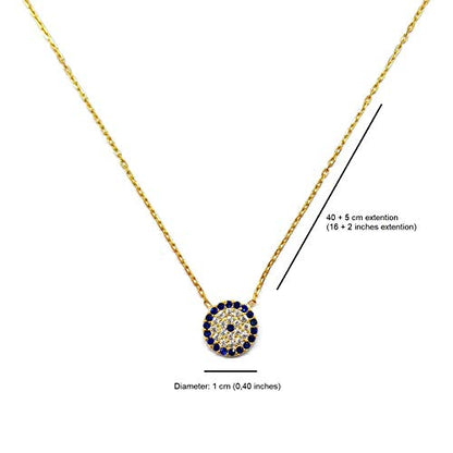 Mystic Jewels - 925 Sterling Silver Turkish Eye Pendant Necklace - Round with Cubic Zirconia - Gold Plated