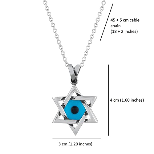 MYSTIC JEWELS By Dalia - 925 Sterling Silver Star of David (Magen David) Necklace with Crystal Blue Evil Eye in the Middle (Large)