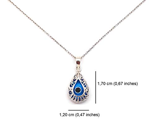 Mystic Jewels By Dalia - Crystal and 925 Sterling Silver Evil Eye Necklace - Filigree Turkish Eye in Drop Shape