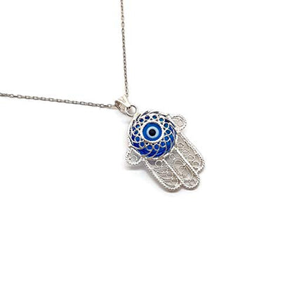 MYSTIC JEWELS by Dalia - Filigree Necklace with Turkish Eye 925 Sterling Silver (Hand of Fatima)