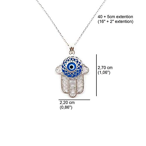 MYSTIC JEWELS by Dalia - Filigree Necklace with Turkish Eye 925 Sterling Silver (Hand of Fatima)