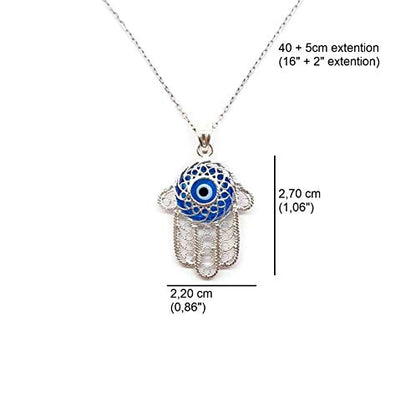 MYSTIC JEWELS by Dalia - Filigree Necklace with Turkish Eye 925 Sterling Silver (Hand of Fatima)