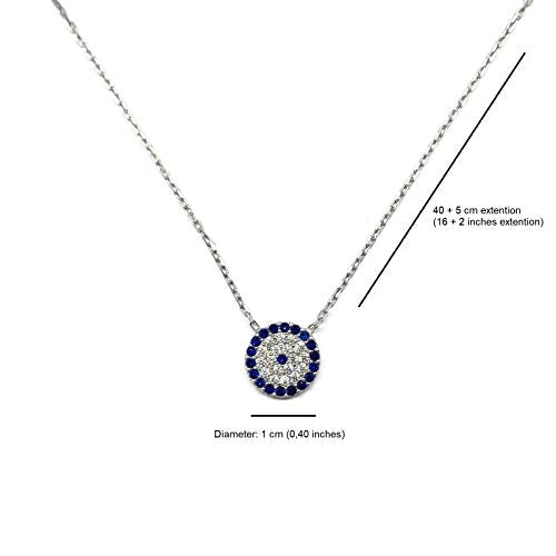 Mystic Jewels - 925 Sterling Silver Turkish Eye Pendant Necklace - Round with Cubic Zirconia (SILVER)