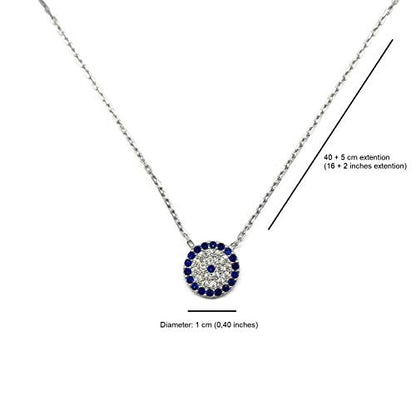 Mystic Jewels - 925 Sterling Silver Turkish Eye Pendant Necklace - Round with Cubic Zirconia (SILVER)