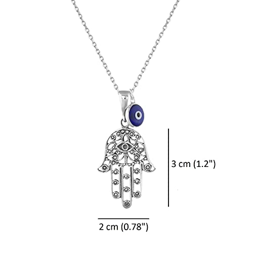 MYSTIC JEWELS By Dalia - 925 Sterling Silver Hamsa Necklace with a 7mm Evil Eye Pendant Hanging (Filigree)