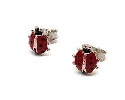 925 Sterling Silver Earrings, Enameled Ladybug 8.1 mm Pressure Closure Girl to Gift