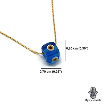 MYSTIC JEWELS by Dalia - Blue Crystal Cube Evil Eye Necklace for Good Luck - 925 Sterling Silver Chain with Gold Plated (Transparent Blue)
