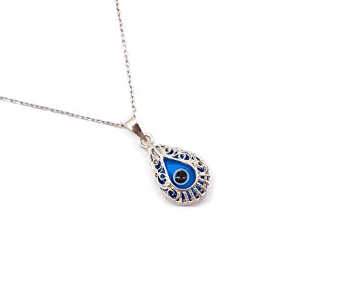Mystic Jewels By Dalia - Crystal and 925 Sterling Silver Evil Eye Necklace - Filigree Turkish Eye in Drop Shape