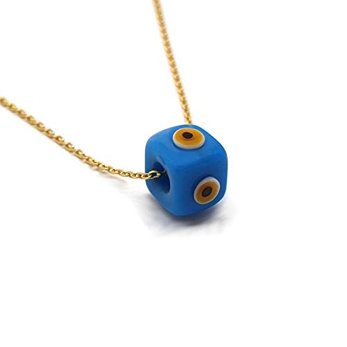 MYSTIC JEWELS by Dalia - Blue Crystal Cube Evil Eye Necklace for Good Luck - 925 Sterling Silver Chain with Gold Plated (Turquoise)