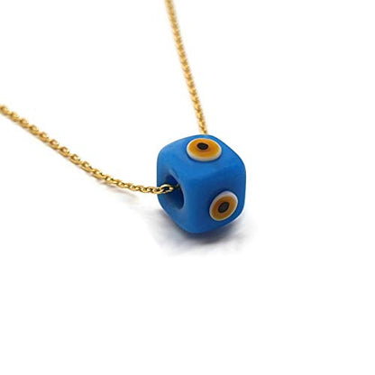 MYSTIC JEWELS by Dalia - Blue Crystal Cube Evil Eye Necklace for Good Luck - 925 Sterling Silver Chain with Gold Plated (Turquoise)