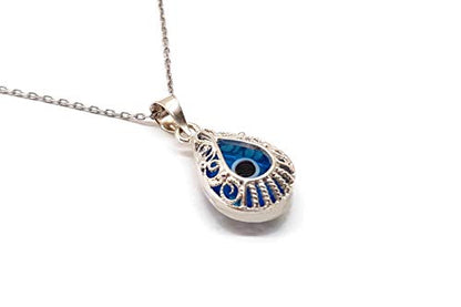 Mystic Jewels By Dalia - Crystal and 925 Sterling Silver Evil Eye Necklace - Filigree Turkish Eye in Drop Shape