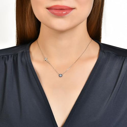 MYSTIC JEWELS By Dalia - 925 Sterling Silver Cross and Evil Eye Cubic Zirconia Necklace for Good Luck, Gift for New Year, Birthday