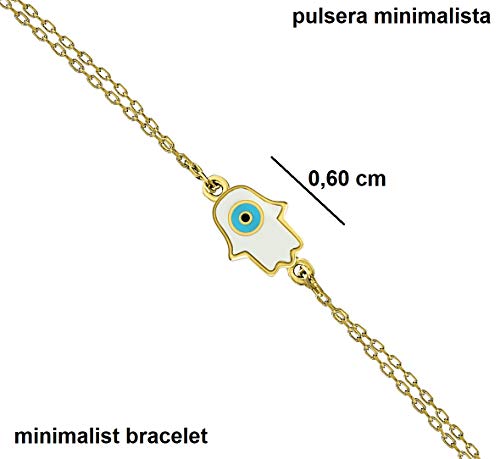 MYSTIC JEWELS by Dalia - Fatima Hand and Turkish Eye Enameled Bracelet - Double Chain - 925 Sterling Silver - Minimalist (Golden)