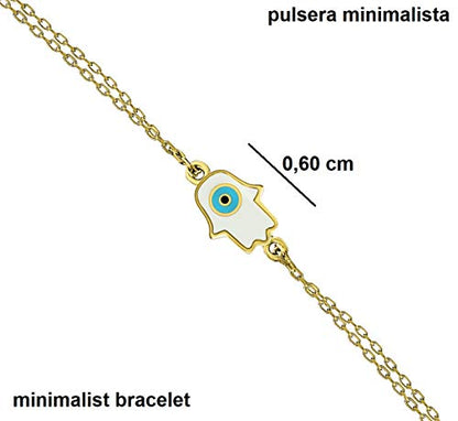 MYSTIC JEWELS by Dalia - Fatima Hand and Turkish Eye Enameled Bracelet - Double Chain - 925 Sterling Silver - Minimalist (Golden)