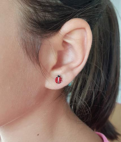 925 Sterling Silver Earrings, Enameled Ladybug 8.1 mm Pressure Closure Girl to Gift