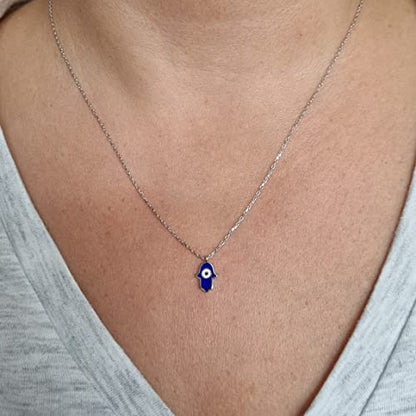 MYSTIC JEWELS By Dalia - 925 Sterling Silver Necklace, Hamsa (Hand of Fatima) enamelled evil eye, ideal for gifting (Silver)