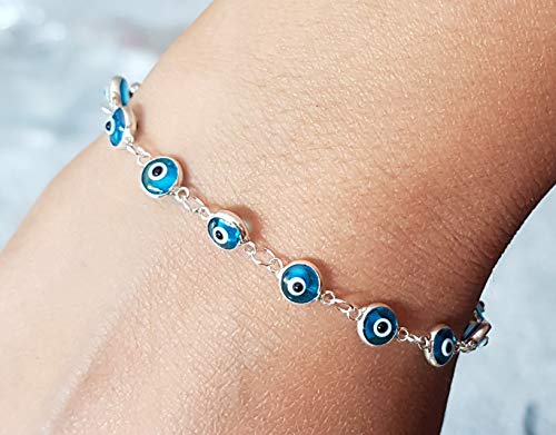 MYSTIC JEWELS by Dalia - Silver Evil Eye Bracelet - 19cm (Light Blue) (Light Blue)