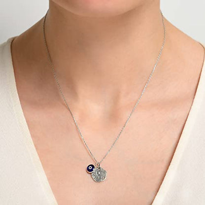 MYSTIC JEWELS By Dalia - 925 Sterling Silver Hamsa Necklace with a 7mm Evil Eye Charm Dangling (Round)