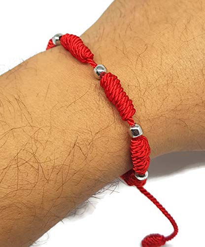 Mystic Jewels by Dalia - Kabbalah bracelet - 7 knots red thread cord with balls - unisex - adjustable - evil eye protection, good luck, good luck (Red)