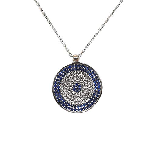 MYSTIC JEWELS by Dalia - 925 Sterling Silver Blue Round Turkish Eye Pendant Necklace with Cubic Zirconia (Silver)