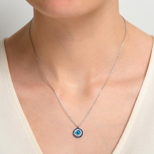 MYSTIC JEWELS By Dalia - 925 Sterling Silver Round Evil Eye Pendant with Surrounding Blue Zirconia for Gifting on New Year, Birthday