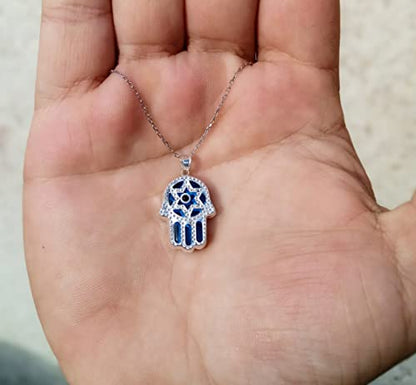 MYSTIC JEWELS By Dalia - 925 Sterling Silver and Crystal Evil Eye Necklace, Minimalist, in different Shapes (Hand, Star, Round) (Hand of Fatima)
