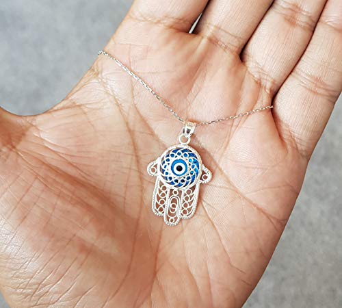 MYSTIC JEWELS by Dalia - Filigree Necklace with Turkish Eye 925 Sterling Silver (Hand of Fatima)