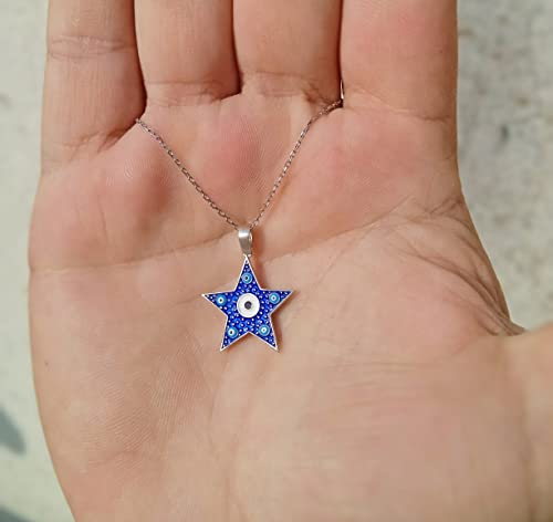 MYSTIC JEWELS By Dalia -Necklace 925 sterling silver Navy blue enamel and turquoise eyes, minimalist, Good luck Elephant or Star model (Star)